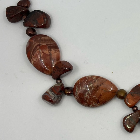 Red Jasper Necklace Natural Gemstones- AAA Nugget Bronze Color Freshwater Pearl - Picture 10 of 14